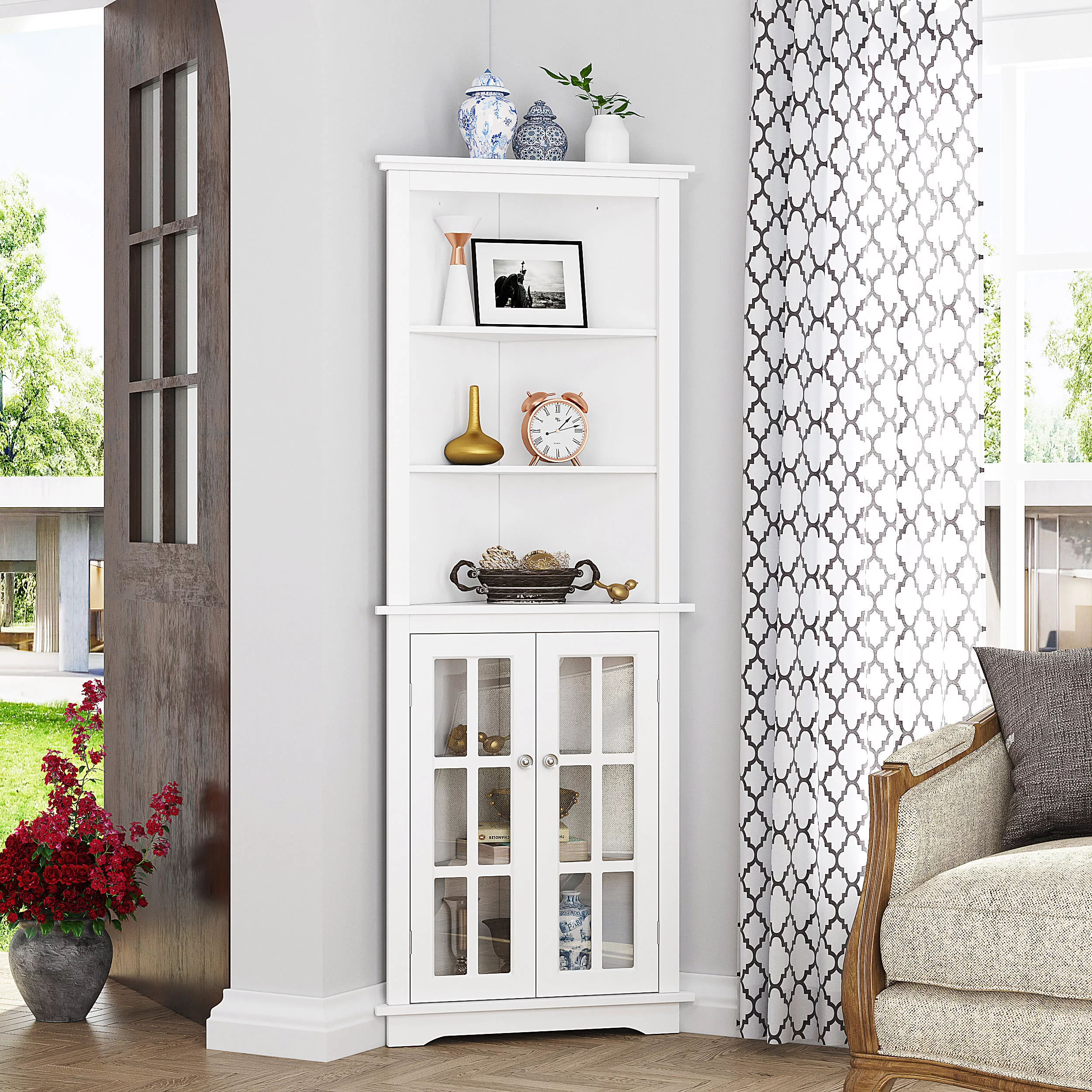 Spirich Home Bathroom Tall Corner Storage Cabinet, Floor Slim Display Storage Cabinet with Glass Doors and Adjustable Shelves for Bathroom, Kitchen