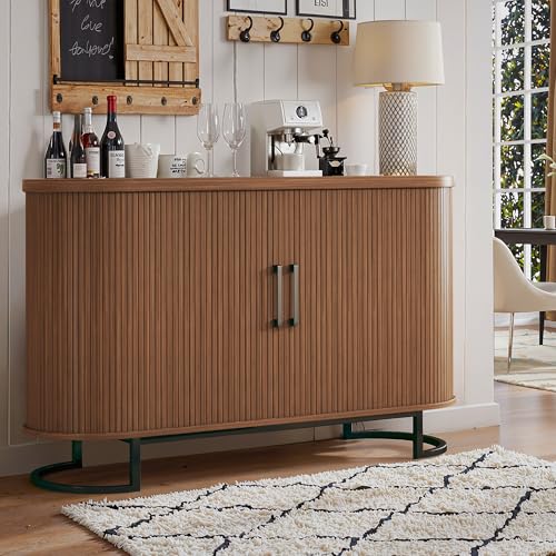 Sideboard Buffet Cabinet with Storage, 54.3" Fluted Tambour, Adjustable Shelves, Mid Century Modern Console for Living Room Kitchen Walnut