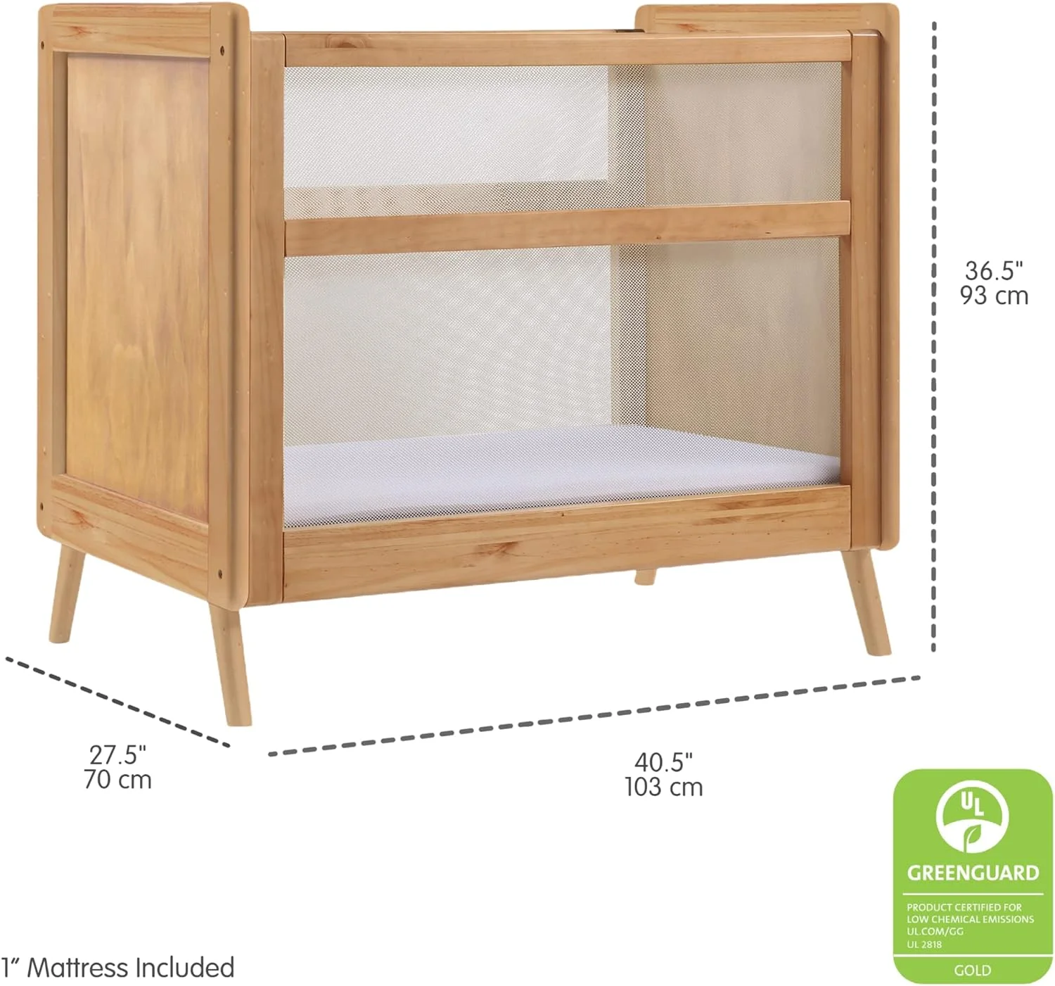 YINCHEN Breathable Mesh 2-in-1 Mini Crib with Mattress — Beech — Two Adjustable Mattress Heights — Greenguard Gold Certified