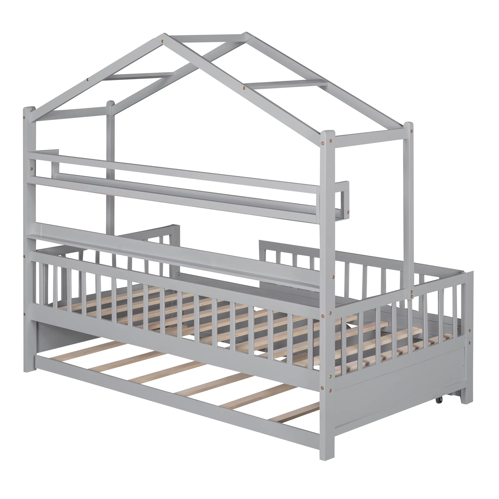 Euroco Wood Twin Size House Bed with Bookcase and Trundle for Kids, Gray