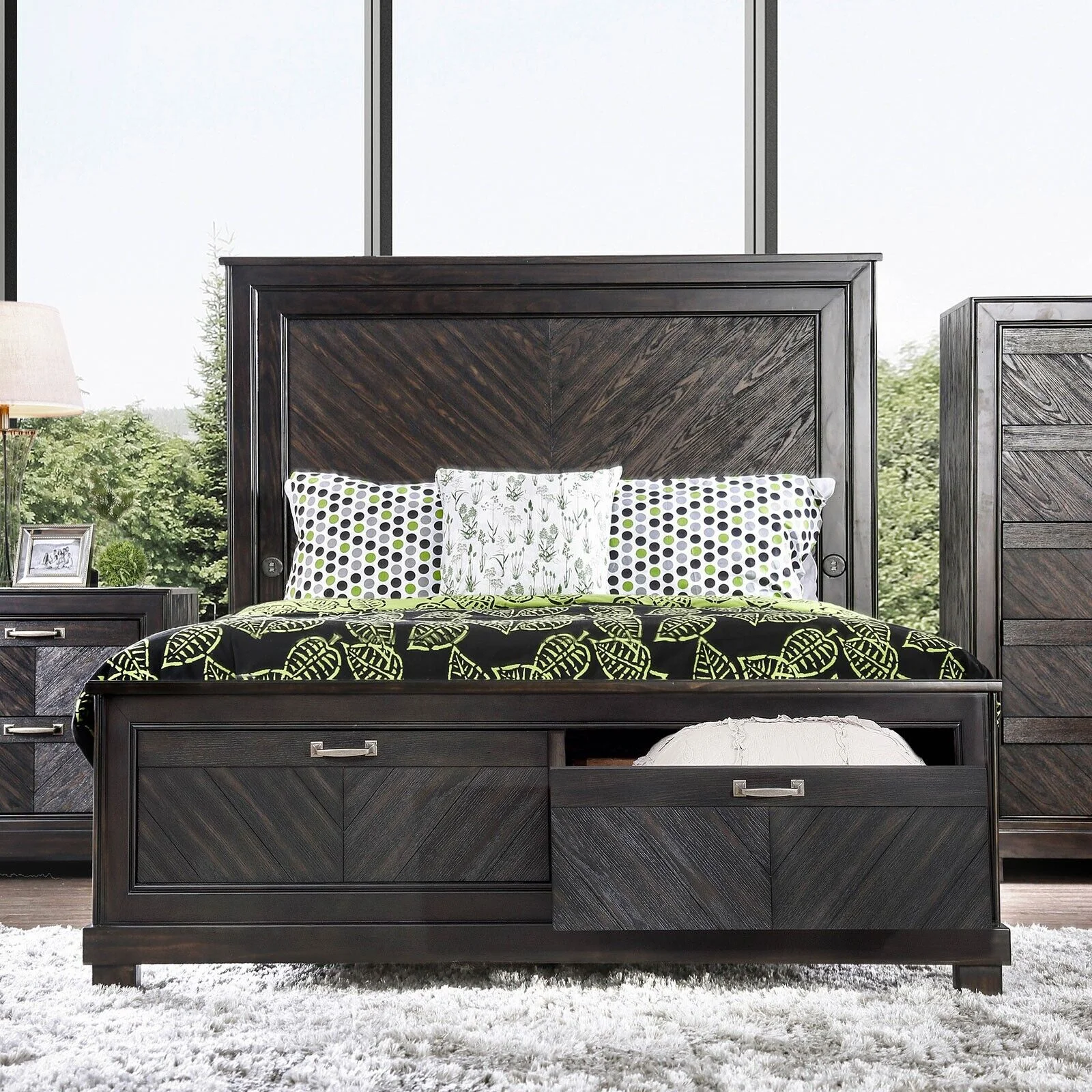 3pc Bedroom Set Espresso Eastern King Size Bed 2x Nightstands High Panel Headboard USB Storage Drawer FB Solid wood Furniture
