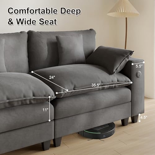 Modular Sectional Sofa, Cloud Couch with Ottoman, Charging Station, Throw Pillows, Cup Holders, Modern Convertible U Shaped Couches for Living Room