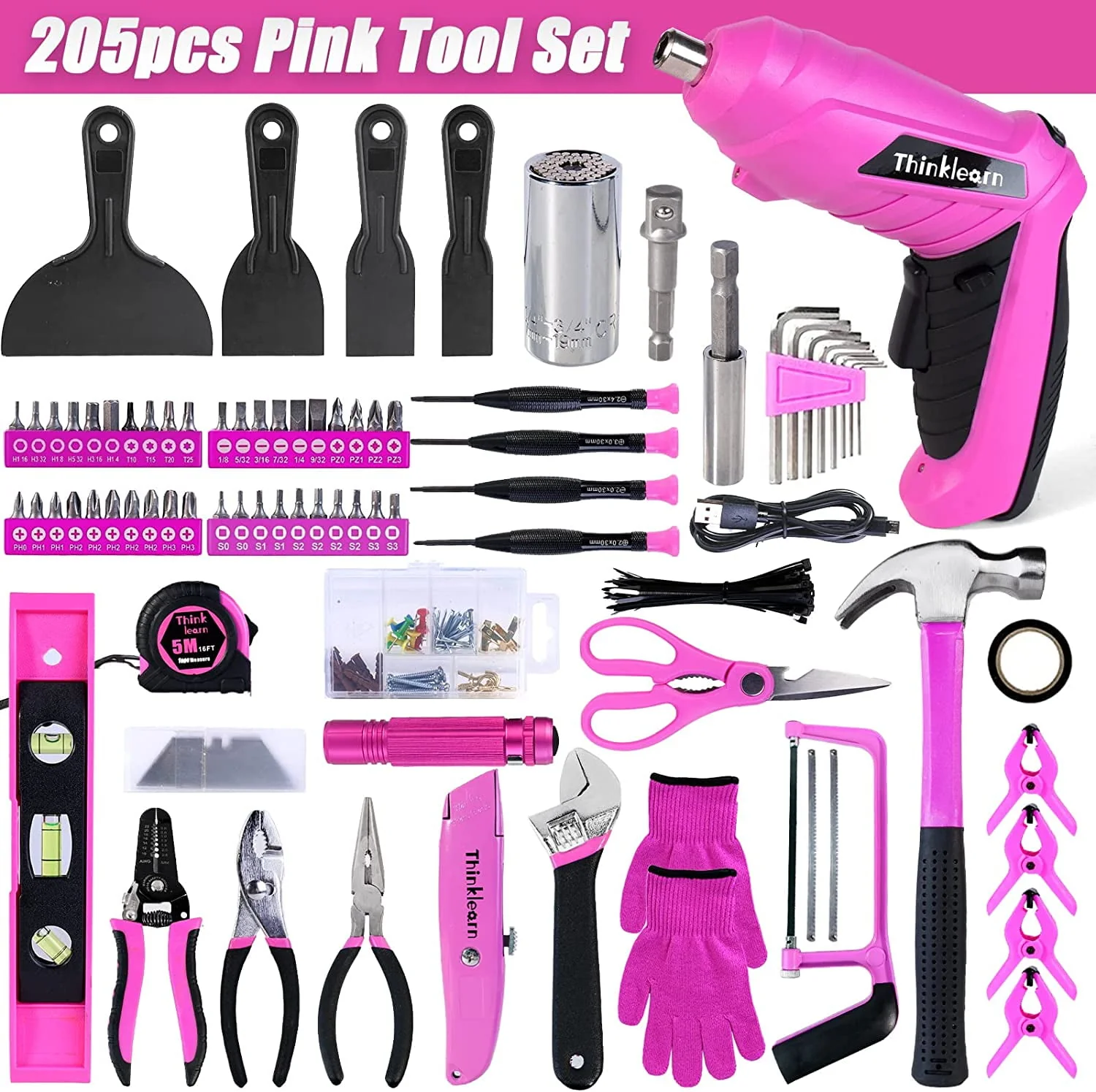 ThinkLearn Pink Tool Kit with 20V Cordless Drill(265in-lbs), Pink Drill Set for Women,Lady's Home Tool Kit for DIY