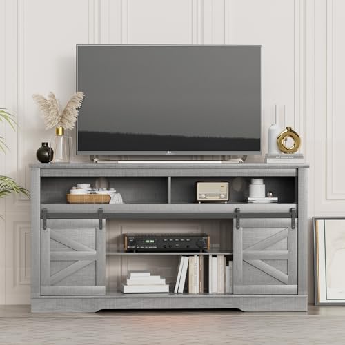 YESHOMY Farmhouse TV Stand for Televisions up to 65 Inches, Sliding Barn Doors and Storage Cabinets