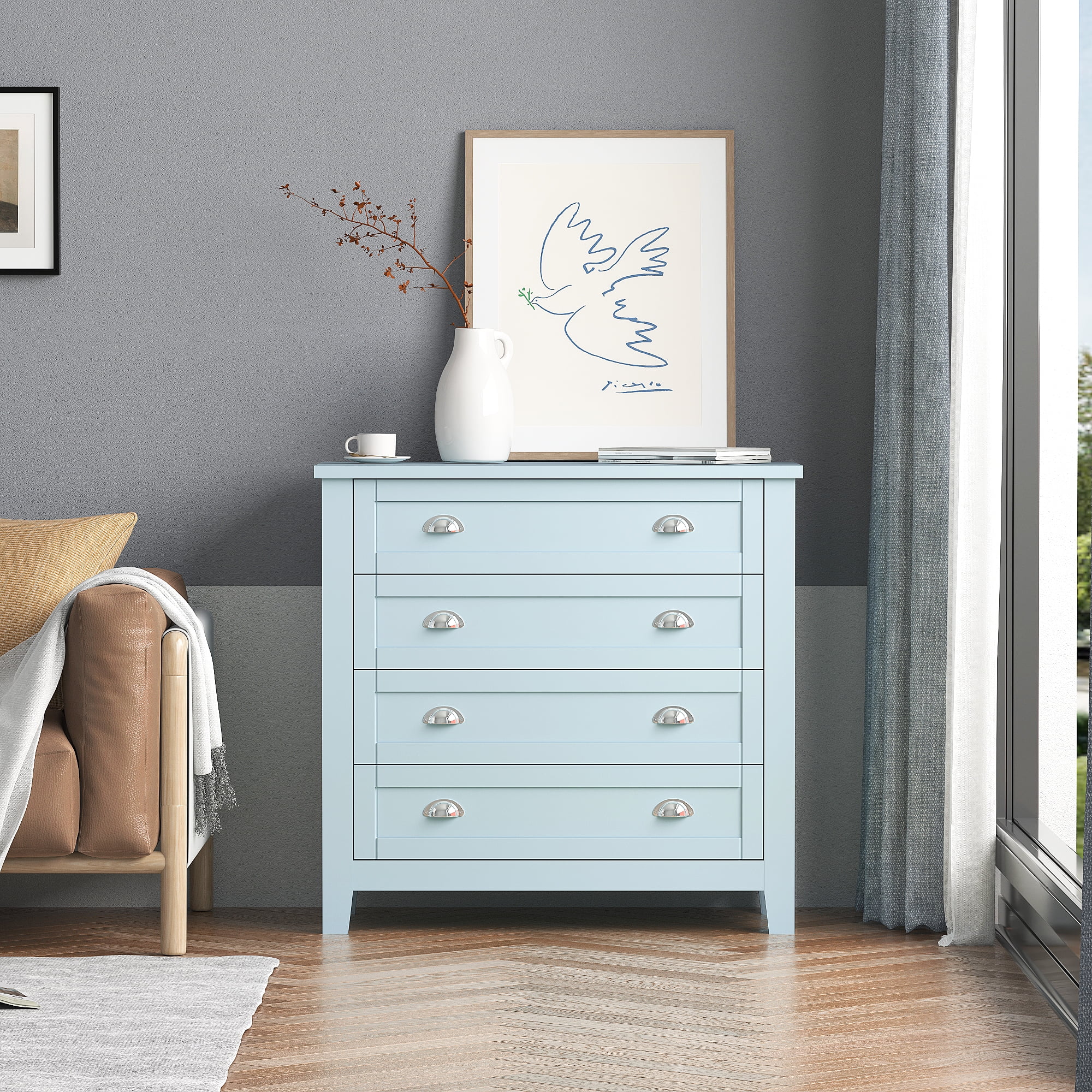 Antique Blue 4 Drawers Vertical Dresser,Wooden Chest of 4 Drawers for Bedroom