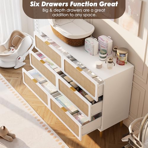 Rattan 5 Drawer Dressers for Bedroom, Tall Dresser with Deep Drawers, Large Chest of Drawers for Closet with Wide Top
