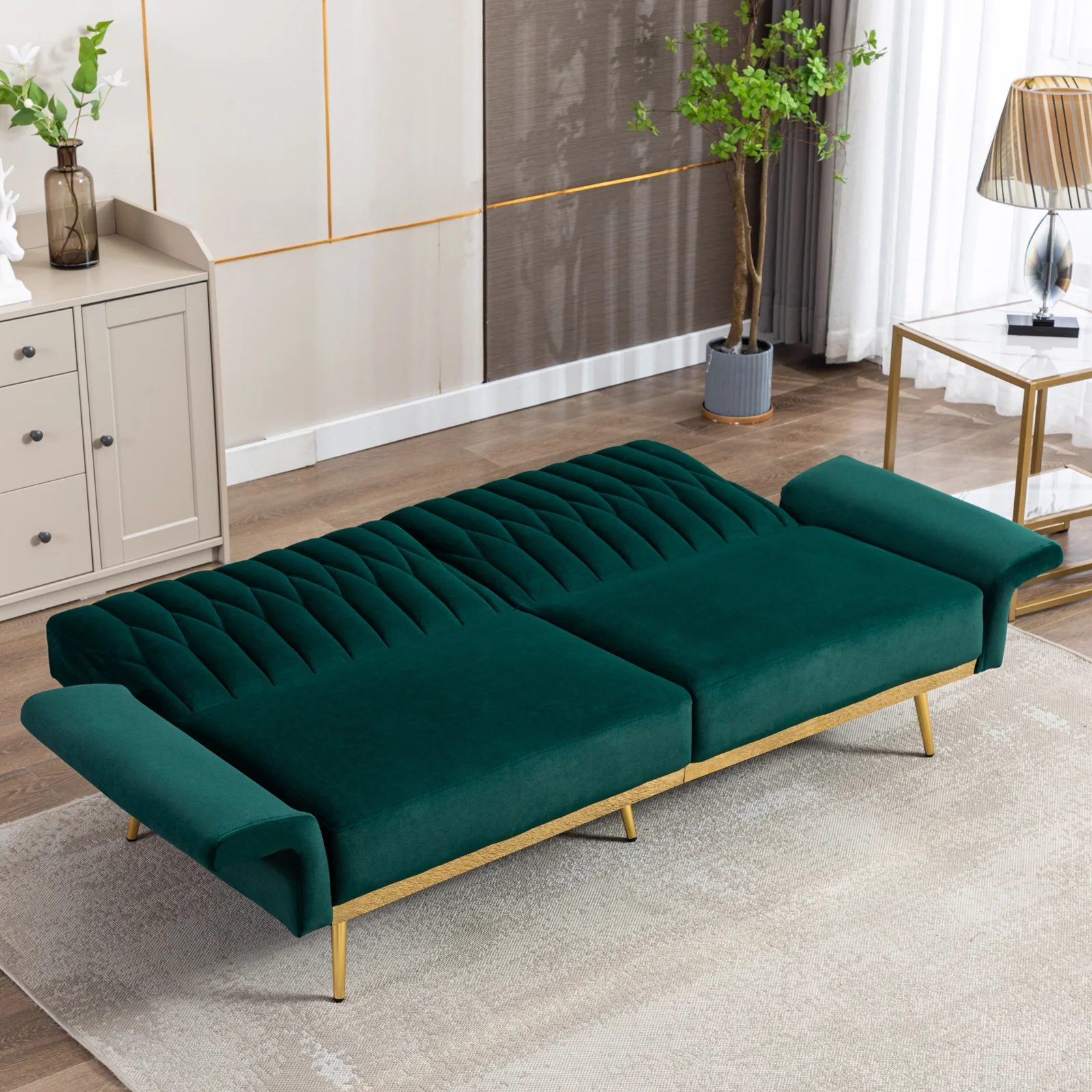 TTGIEET Velvet Convertible Futon Sofa Bed with Golden Metal Legs