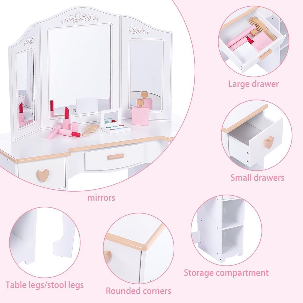 GAOMON Princess Vanity Set for Toddlers - Kids Vanity with Mirror, Stool, and Wood Makeup Playset, White