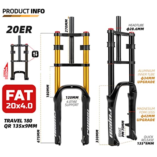 QHIYRZE Fat Bike Fork 20 Inch Bike Suspension Fork Travel 110mm Air Fork 28.6mm Straight Double Shoulder Front Fork Rebound Adjustable for 4.0" Tire