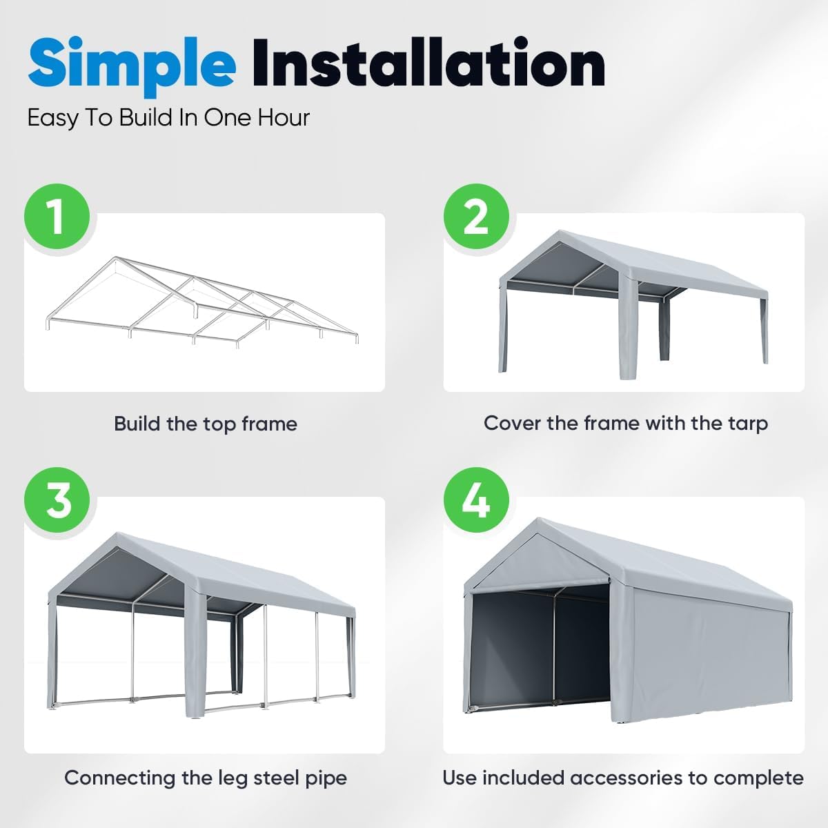 Quictent 10’x20’ Heavy Duty Carport Car Canopy Galvanized Car Shelter Boat Shelter with Reinforced Steel Cables and Ground Bars-Silver Gray