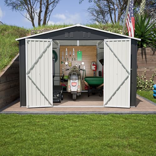 6x4 ft Small Outdoor Metal Storage Shed with Floor Frame & Lockable Door, Heightened Entry Garden Tool Shed for Backyard, Durable Galvanized Steel