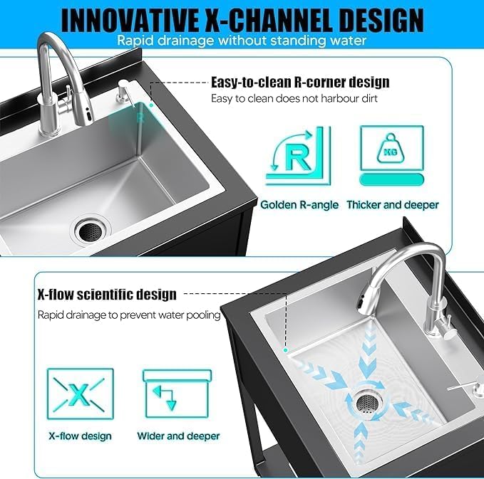 Stainless Steel Utility Sink, 30.8" × 22" × 39.5"Freestanding Sink with Cold and Hot Water Faucet,Hoses and Drain Kit for Kitchens, Bathrooms, Garage