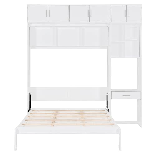 P PURLOVE Wood Twin Murphy Bed with Light and USB, Modern Wall Bed with Top Cabinet and Storage Shelves, Space Saving, No Box Spring Needed (Gray)