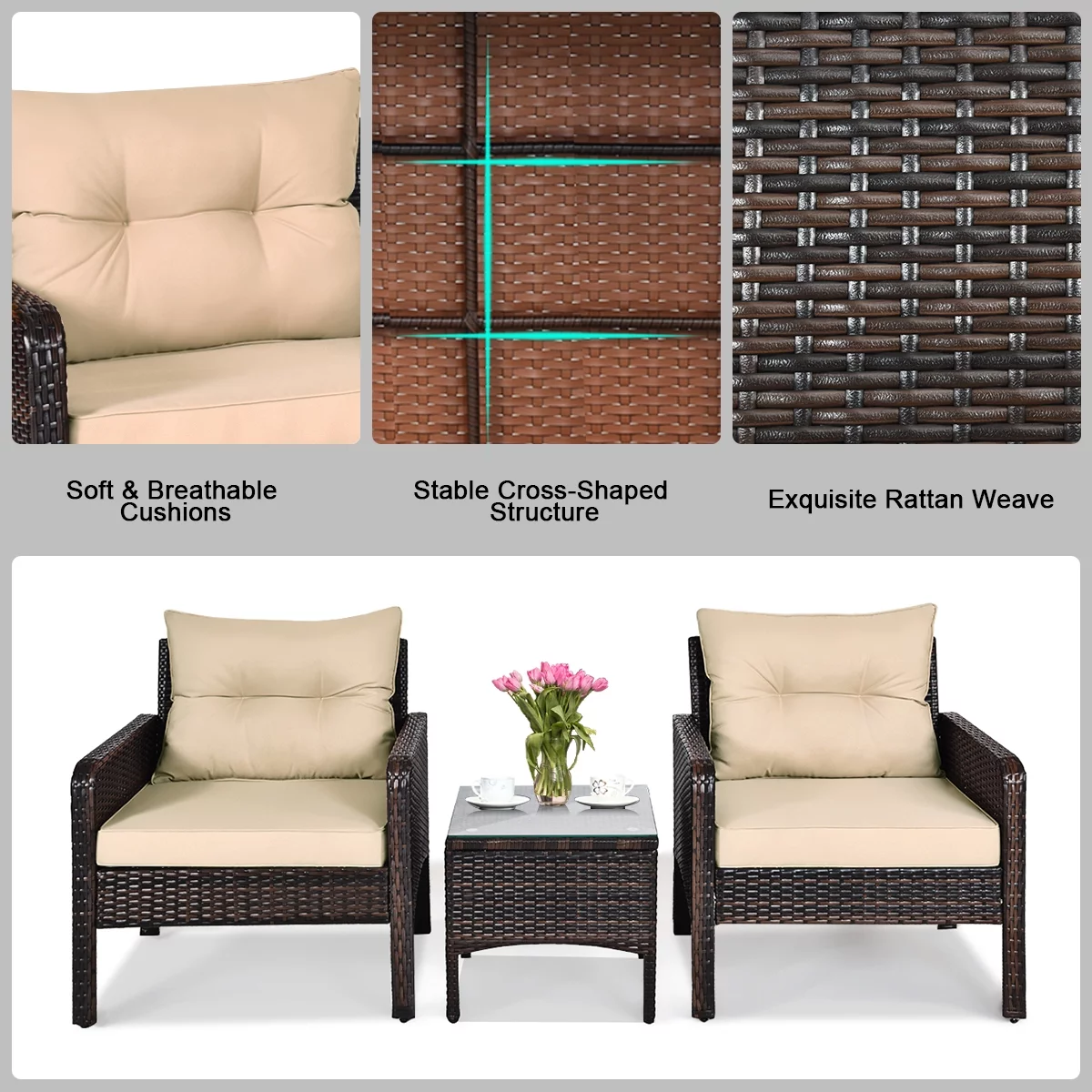 Gymax 3PCS Patio Outdoor Rattan Furniture Set Brown w/ Cushioned Chairs Coffee Table