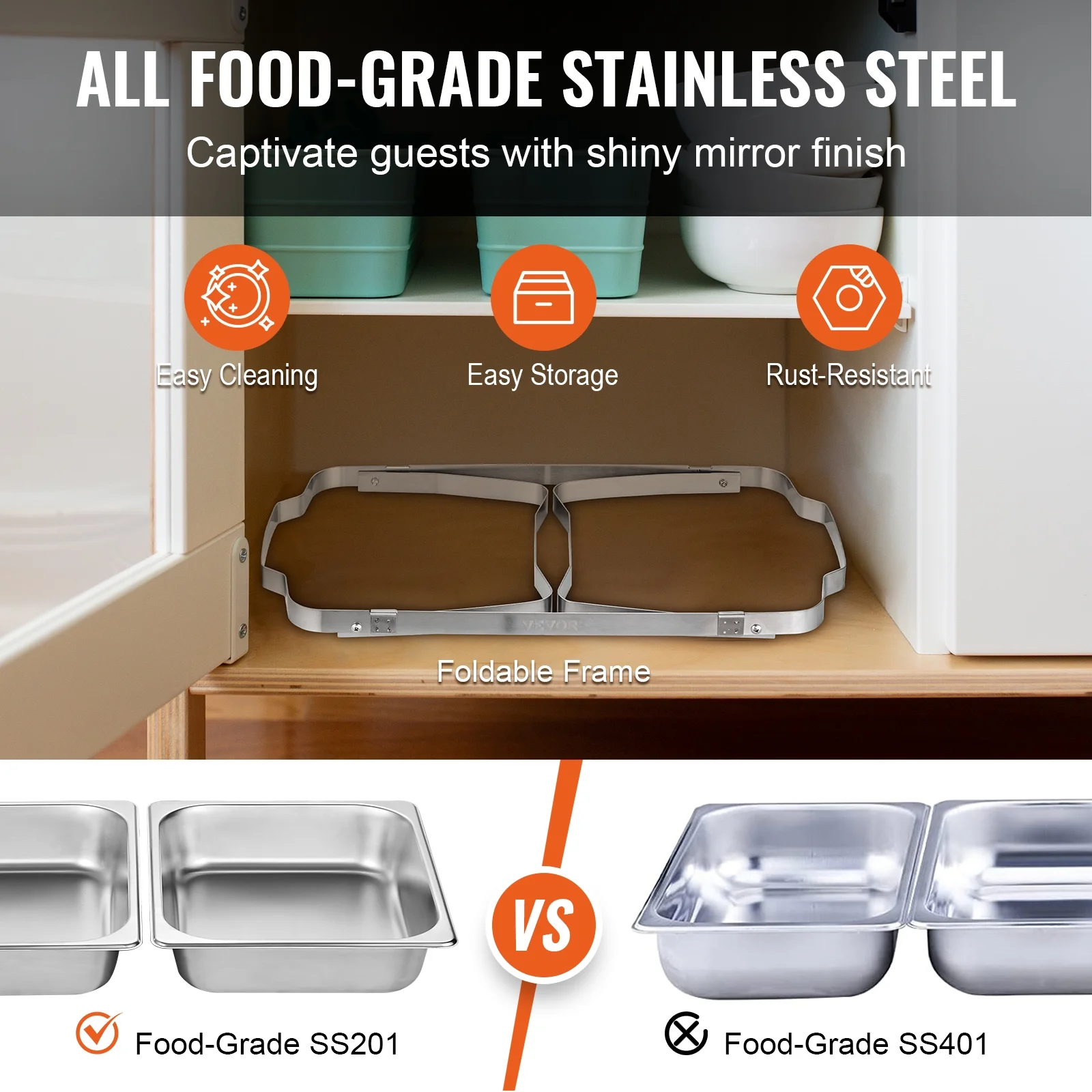 VEVORbrand Chafing Dish 4 Packs 9L/8 Quart Stainless Steel Chafer Full Size Rectangular Chafers for Catering Buffet Warmer Set with Folding Frame