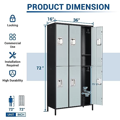 72" Metal Locker for Employees 3 Doors Blue Steel Storage Locker for Office, School, Gym - Metal Storage Cabinets for Home, Office, Gym, School
