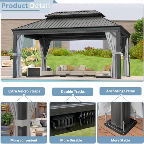 Aoxun 10' X 12' Hardtop Gazebo, Aluminum Outdoor Gazebo with Galvanized Steel Double Top Canopy