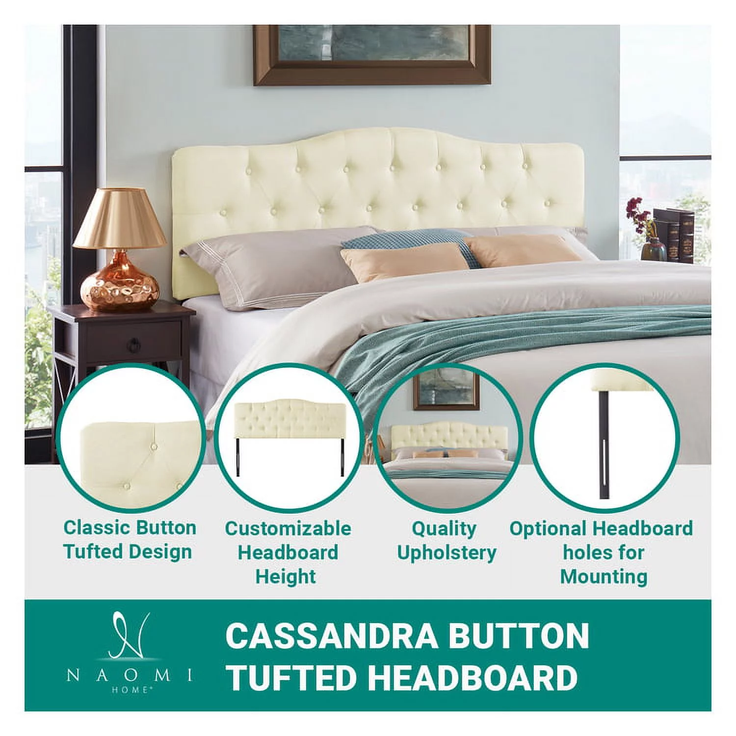 Cassandra Headboards for Queen Size Bed, Upholstered Button Tufted Bed Headboard, 12 Adjustable Positions Queen Headboard Only