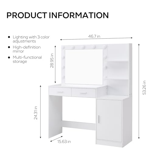 Vanity Desk with Mirror and LED Light Strip,Dressing Table with Large Drawer, 3 Level Storage Dresser & 3 Lighting Modes Adjustable Brightness