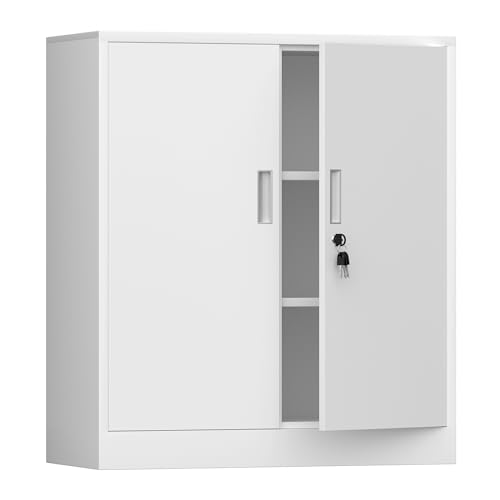 Metal Storage Cabinet with Locking Doors and 2 Adjustable Shelves, Small Lockable Storage Cabinet for Home Office Garage (Black)