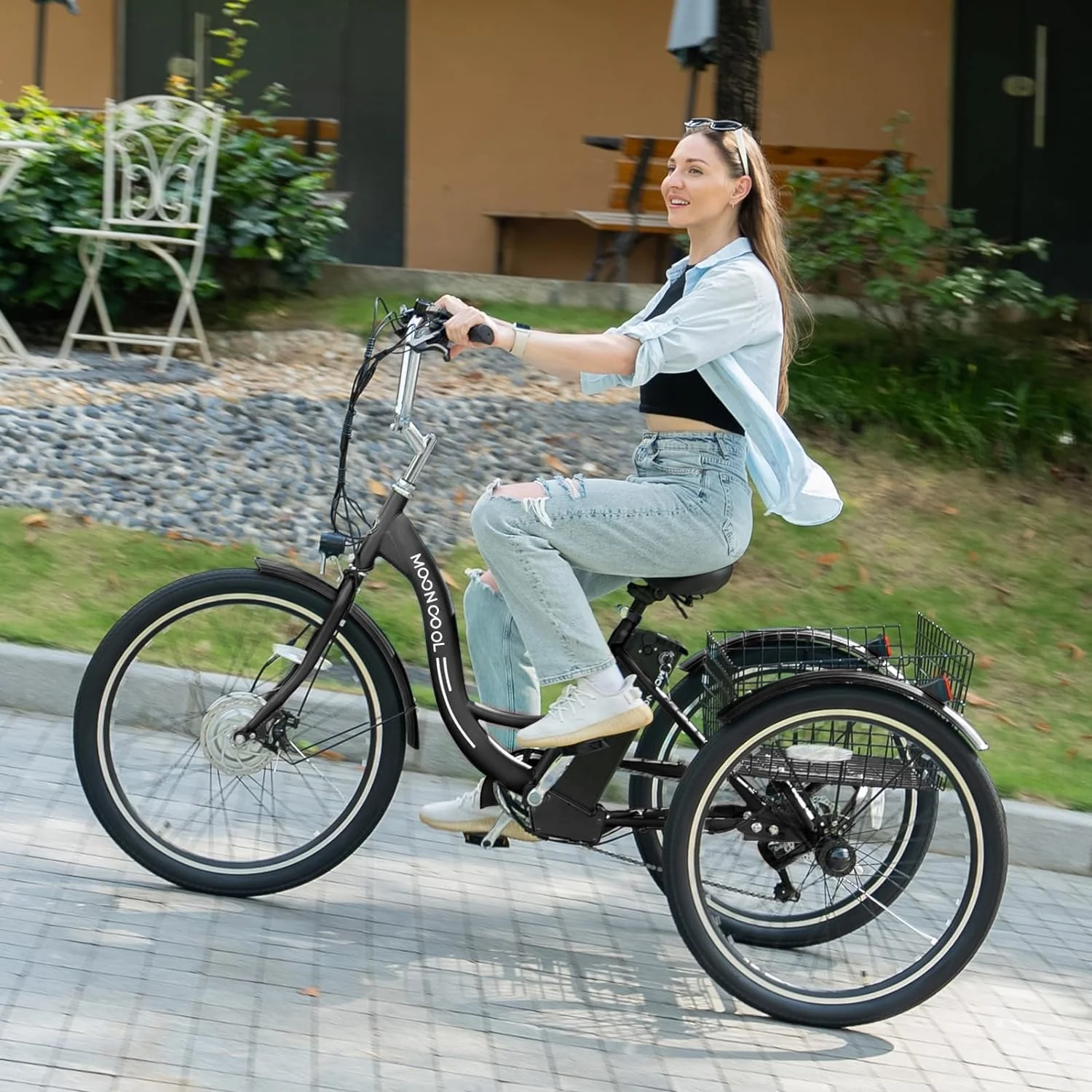MOONCOOL 350W Motorized Electric Trike, 7 Speed 3 Wheel Electric Bicycle with 36V 14.5Ah Lithium Battery UL Certified