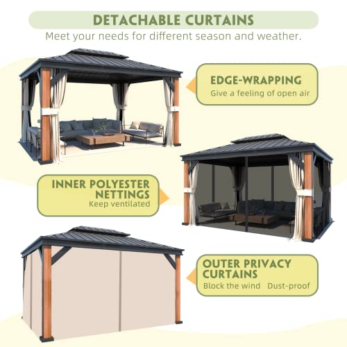 EROMMY 12'x20' Hardtop Gazebo Double Roof Galvanized Steel Canopy Outdoor Aluminum Frame Permanent Metal Pavilion with Netting and Curtains for Patio