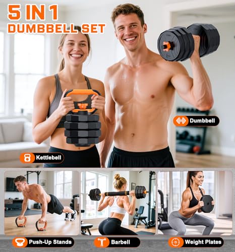 5-in-1 Adjustable Dumbbell Set, 33/44/66/88lbs Free Weights Set with Connector, Used as Kettlebells, Barbell, Push up Stand, Standard 1" Plates