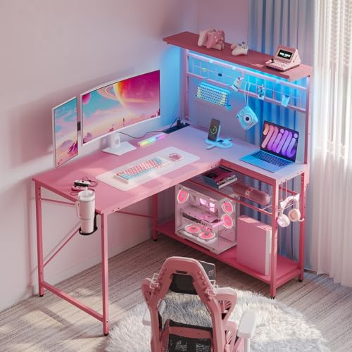 Bestier 42 L Gaming Desk,Computer Desk with Power Outlets, LED Lights, Reversible Corner Desk with 4-Tier Shelves,Cup Holder & Hook Carbon Fiber Black