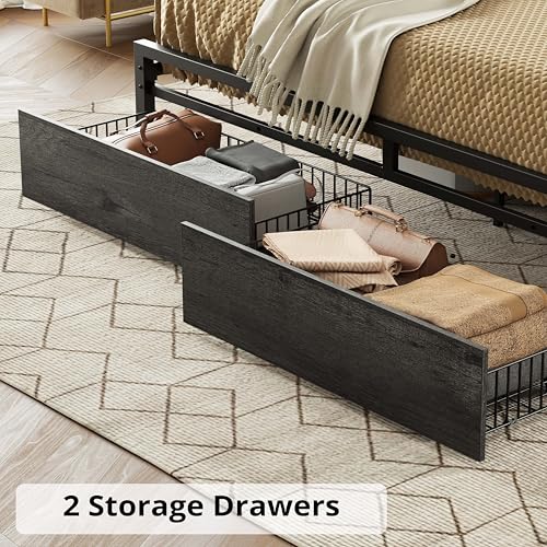 LIKIMIO King Bed Frame with Storage Headboard, Platform Bed with Drawers and Charging Station, No Box Spring Needed, Easy Assembly, Vintage Brown