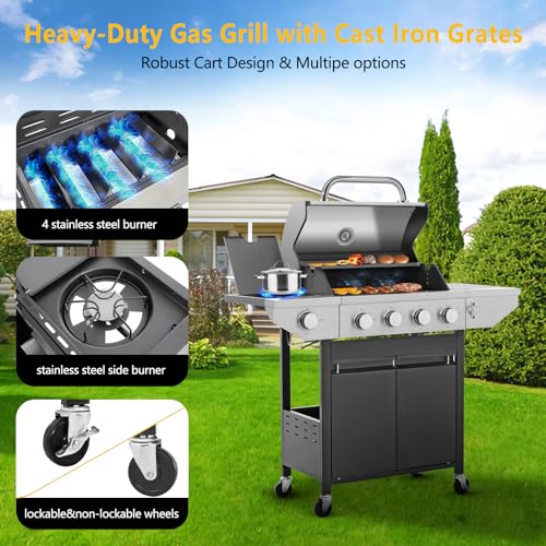 Large Propane Gas Grill with 4-Burners and Side Burner,Outdoor BBQ Grill Griddle with Porcelain-Enameled Cast Iron Grates
