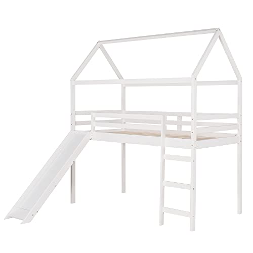 Merax Twin Over Twin House Bunk Bed Frames with Slide and Storage Staircase, No Box Spring Needed, White