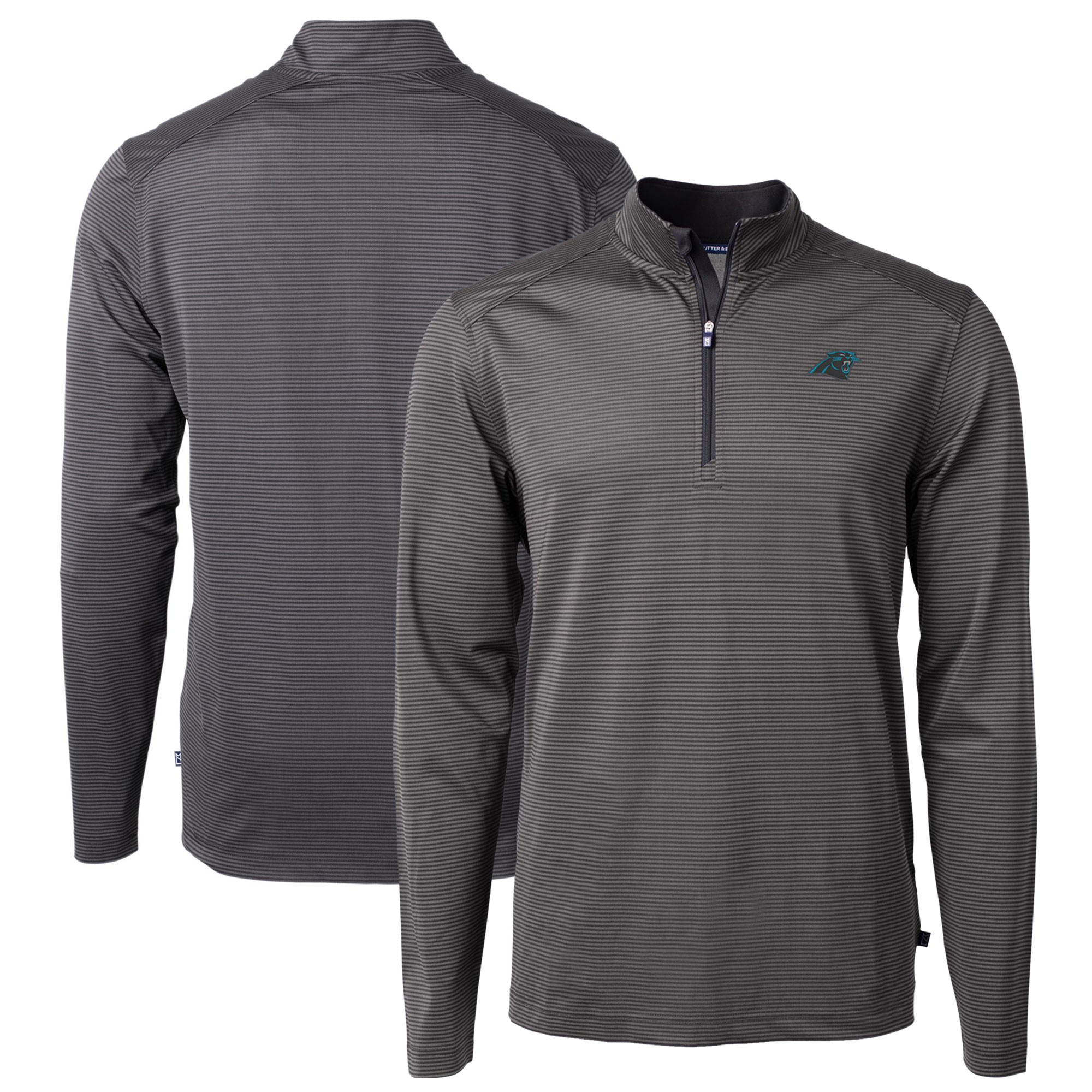 Men's Cutter & Buck Black/Gray Carolina Panthers Virtue Eco Pique Micro Stripe Recycled Quarter-Zip Pullover Top