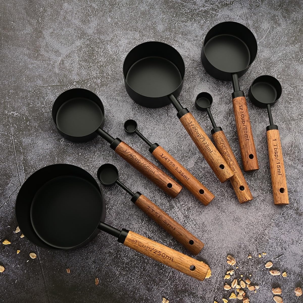 8 pieces Golden Measuring Cups Set and Measuring Spoons Set with Scale, Wooden Handle Stainless Steel Dry &amp