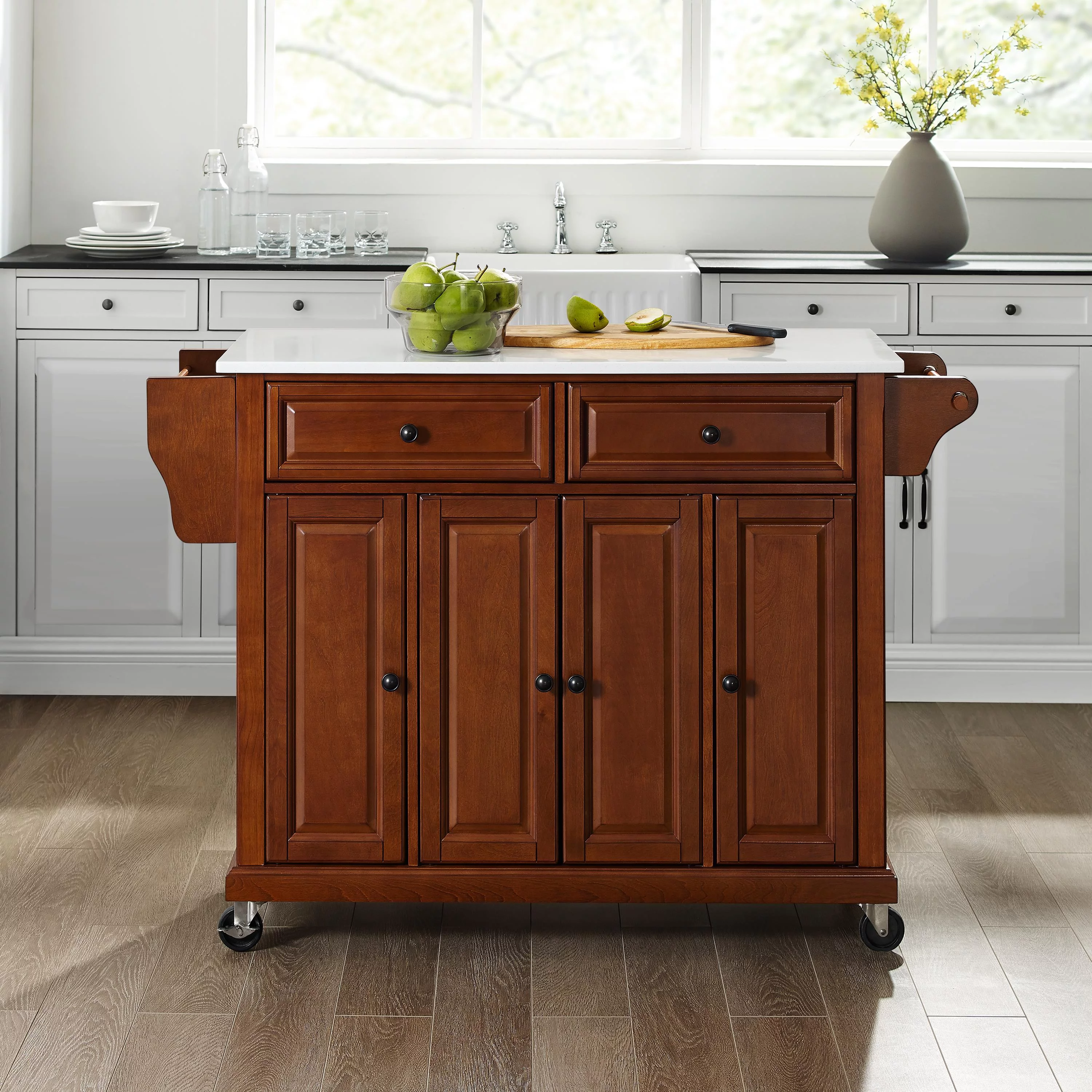 Crosley Furniture Wood Granite Top Kitchen Cart in Cherry/Gray