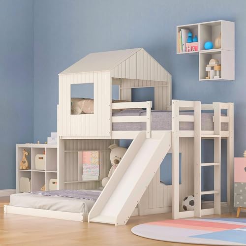 Harper & Bright Designs House Floor Bunk Beds with Slide, Wooden Twin Over Full Bunk Beds with Slide, Roof and Guard Rail for Kids, Teens