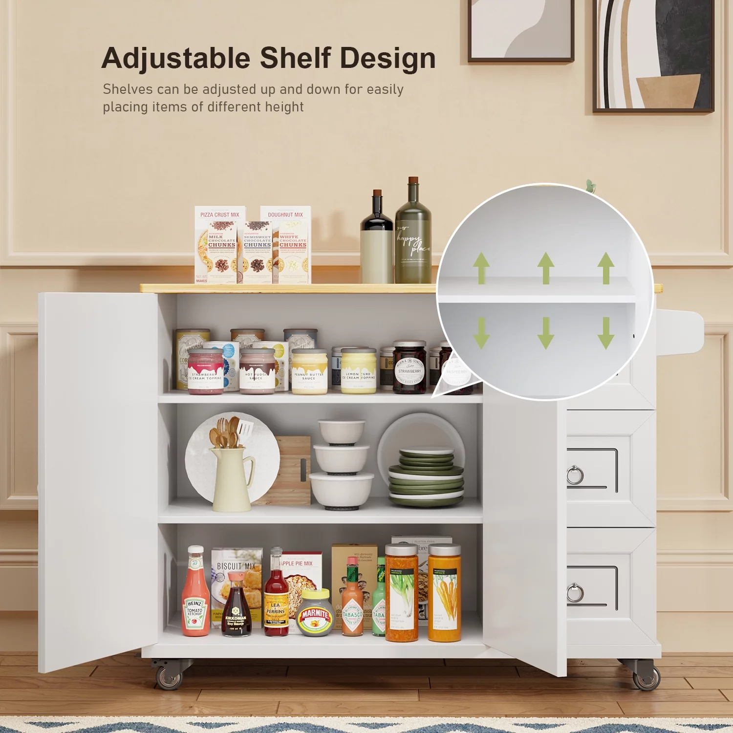 Lofka 42" Kitchen Island with Storage, Kitchen Island on Wheel with Wood Drop Leaf Tabletop,White