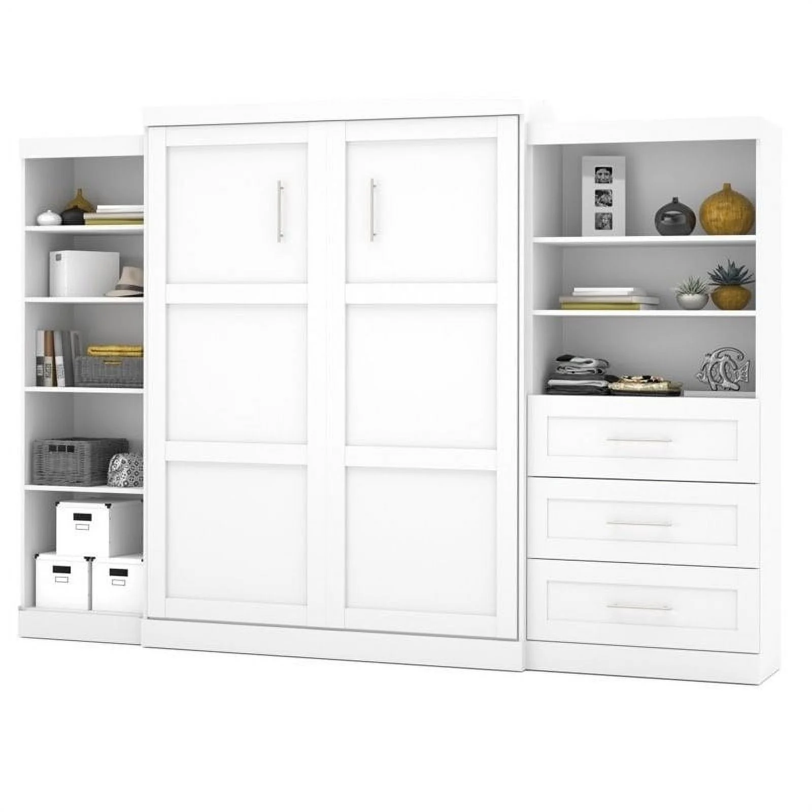 Pemberly Row Transitional Wood Queen Wall Bed w/ Storage in White