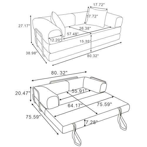 81" Foldable Convertible Sleeper Sofa Bed with Fixed-Shape Frame , Fluffy Corduroy Upholstered Folding Mattress Couch with Cylindrical Pillow