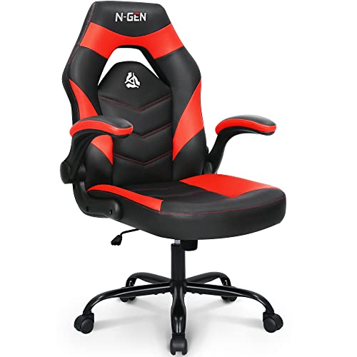 N-GEN Video Gaming Computer Chair Ergonomic Office Chair Desk Chair with Lumbar Support Flip Up Arms Adjustable Height Swivel PU Leather Executive