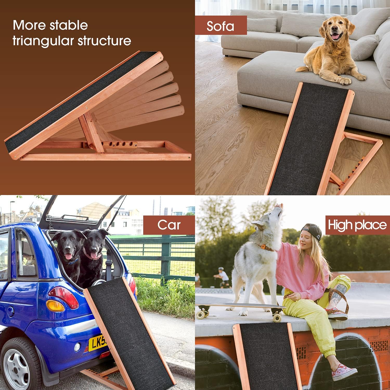 Wooden Height Adjustable Pet Ramp for All Dogs and Cats, 6 Layers from 11.81 inches to 23.6 inches with Non Slip Carpet Surface