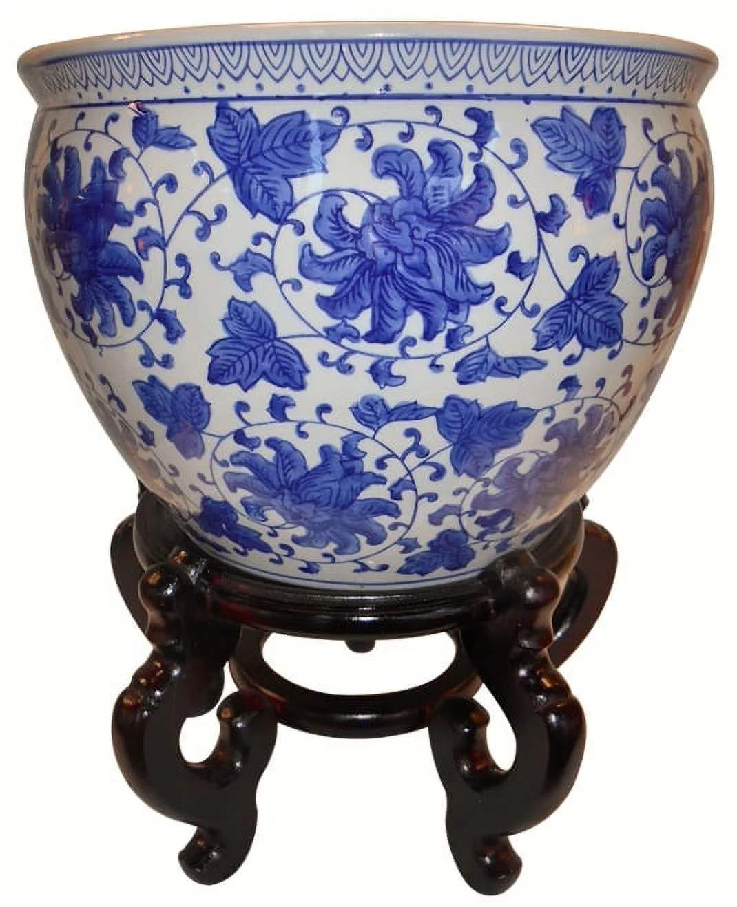 Blue and White Porcelain Jardiniere For Indoor Or Outdoor Use (14" W x 11" H - Inside Rim 11.25 , Base 9) - Oriental Furniture Warehouse