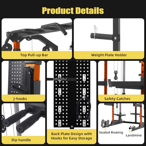 Power Cage, 2000Lbs Capacity Power Rack with Cable Crossover and Dual Independent Pulley System, Workout Cage with Storage Board