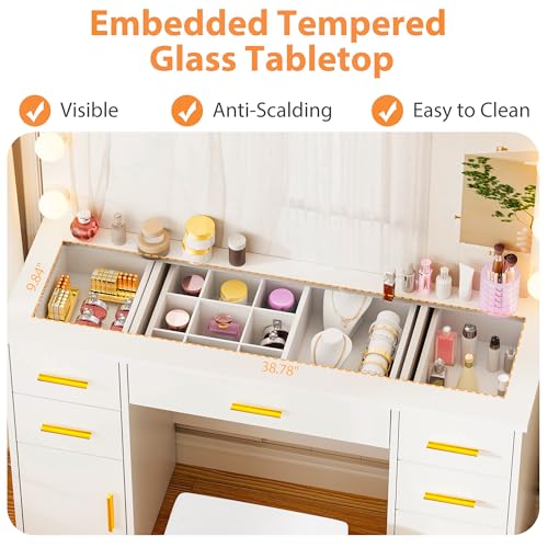 ANWBROAD Large Vanity Desk with Lighted Mirror White Makeup Vanity Set with Glass Top & Power Outlet & 7 Drawers Storage 3 Color Lighting Modes