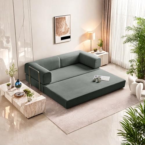 Convertible Floor Sofa Bed, Foldable Mattress Cloud Couch with Pillow Back & Armrest, Chenille Sleeper Sofa Bed with Fixed-Shape Frame