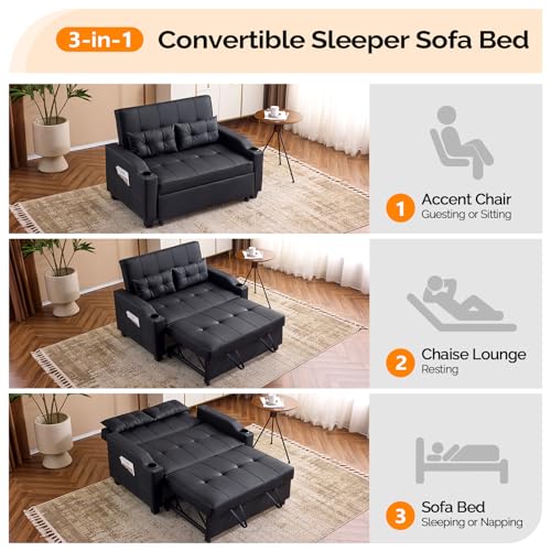 VINGLI Light Green Futon Sofa Bed Convertible Loveseat Sleeper Couch, Faux Leather Pullout Sofa Fold Out Couch Bed with USB Ports, Cup Holders