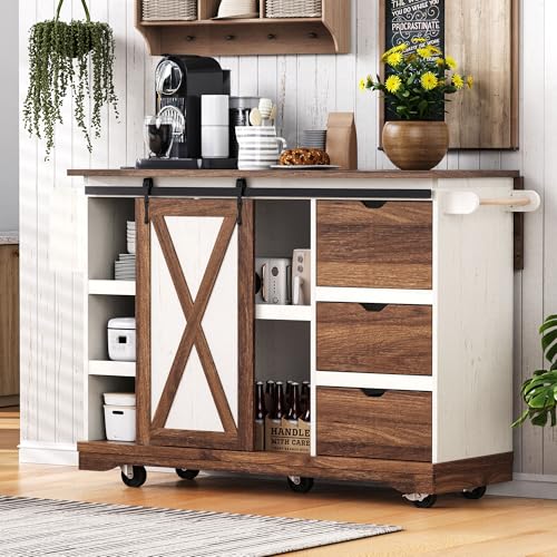 Farmhouse Kitchen Island with Power Outlet, Drop Leaf, Spice Rack and Drawer,Rolling Kitchen Cart on Wheels