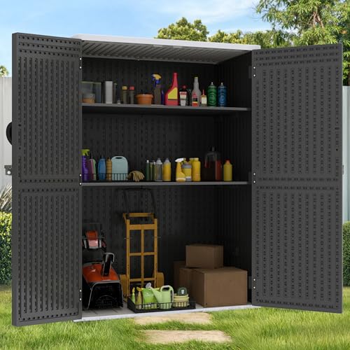 GOOBED Vertical Outdoor Storage Shed, 59 Cubic Feet Resin Tall Shed, Lockable Waterproof Tool Organizer for Garden, Garage, Patio, No Shelves (Brown)