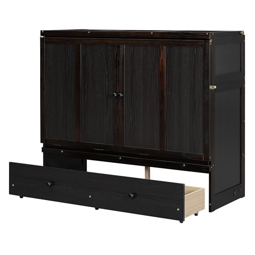 Queen Size Murphy Bed with Drawers and Charging Station Wood Murphy Wall Cabinet Bed with Storage for Saving Space, Espresso