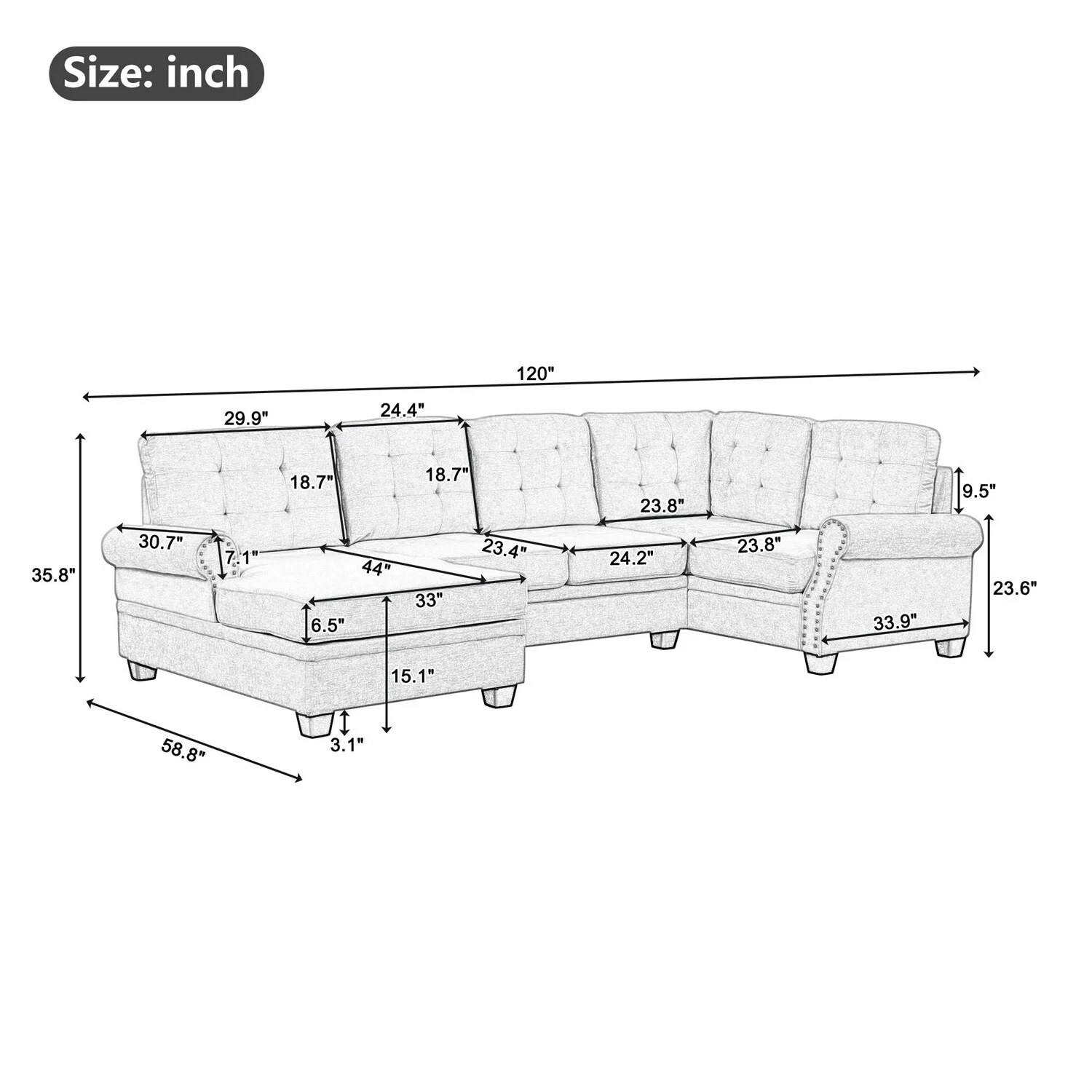 MERAX  120" Modern U-Shaped Corner Sectional Sofa Grey