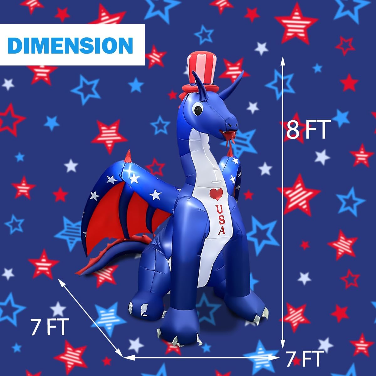 BLOWOUT FUN 8 FT Independence Day Inflatable Dragon with America Style Decorations Patriotic 4th of July for Home Yard Lawn Garden Indoor Outdoor